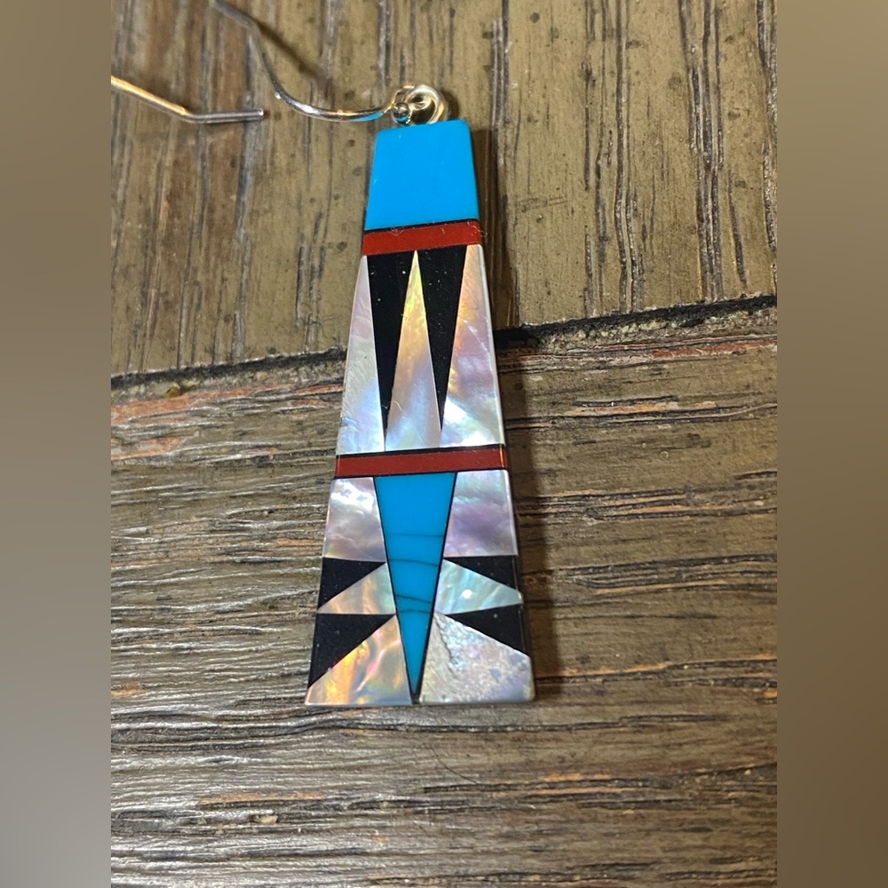 Southwest Turquoise, Onyx and MOP Earrings with 925 Sterling Silver - Picture 3 of 3